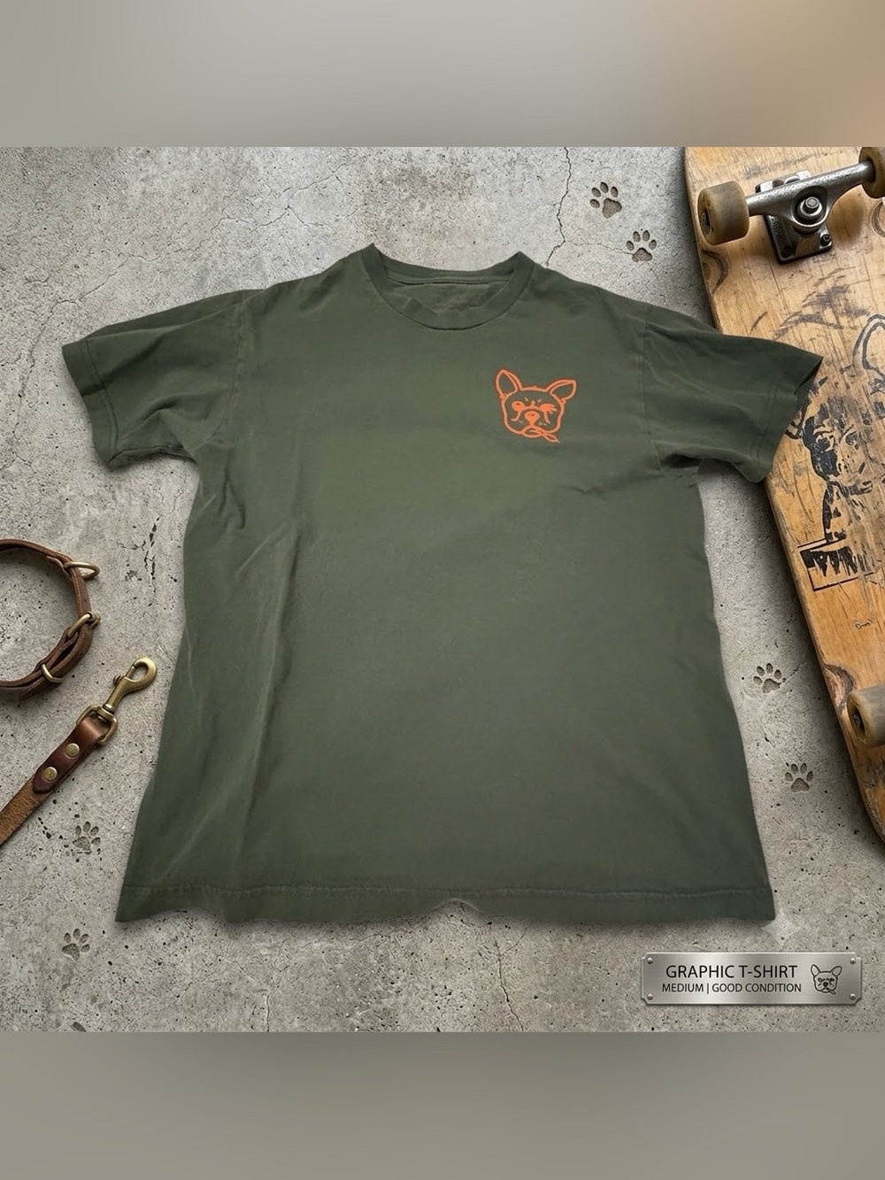 Men's Olive Green Short Sleeve Tee with Orange Dog Graphic